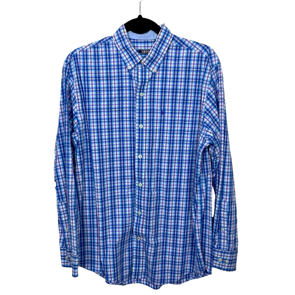 Izod Premium Essentials Plaid Button Down Shirt Men Medium Blue White Purple